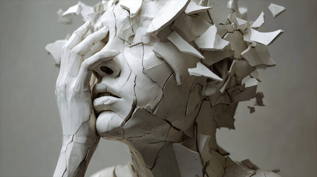 Minimalist Sculpture of cracked head holding face symbolizing stress concept. A shattered porcelain figure expressing deep emotional turmoil.