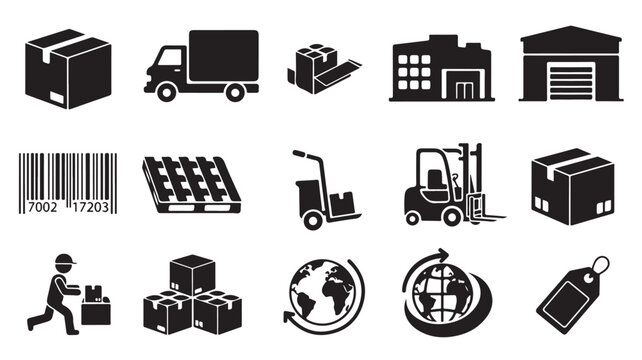 Logistics Icons Set with Warehouse, Truck, Forklift and and Shipping Symbols