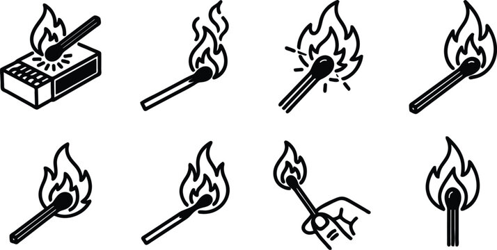 set of matchsticks and matchbox with flames burning on white