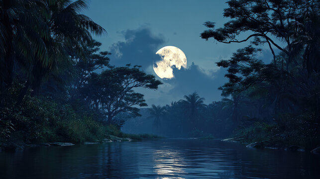 Moonlit river flowing through dense forest concept. Serene night scene with a full moon reflecting over a river.