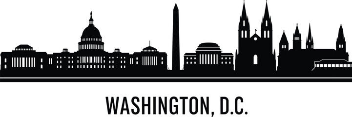 Obraz premium Washington DC skyline silhouette, Capitol, Washington Monument, Jefferson Memorial, National Cathedral, iconic landmarks, black vector, architecture, USA, travel, tourism