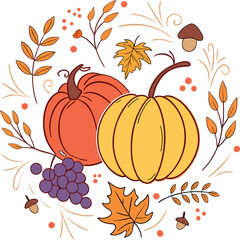 Naklejka premium Autumn Harvest Illustration with Pumpkins, Apples, Pears, and Grapes.