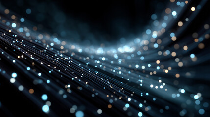 Digital Network's luminous flow: Illuminated fiber optic cables create a dynamic abstract scene, symbolizing the flow of data, connectivity.