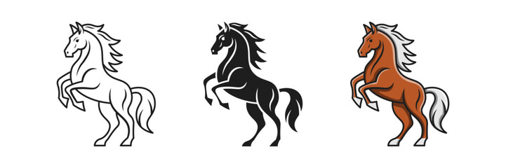 Rearing Horse Set in outline ,solid and flat illustration 