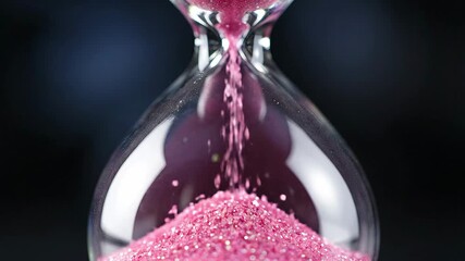 A mesmerizing closeup shot of a classic hourglass with vibrant pink sand steadily flowing from the upper bulb to the lower one symbolizing the relentless passage of time deadlines and the precious na.