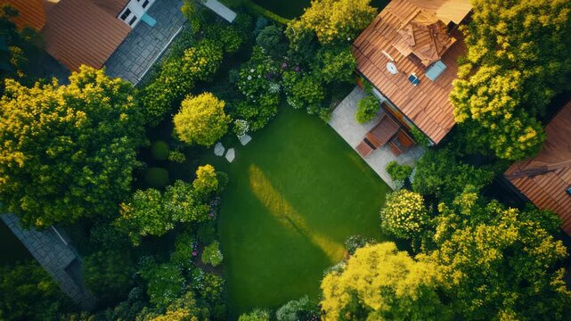 Aerial view of a lush green lawn surrounded by mature trees and houses with tiled roofs