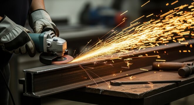 Intense sparks fly as a metal worker uses an angle grinder on steel structure in industrial setting - Powered by Adobe