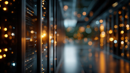 Data Center Infrastructure: An atmospheric perspective of a server room hallway showcases the intricate world of digital infrastructure, the blinking lights creating a symphony of information.