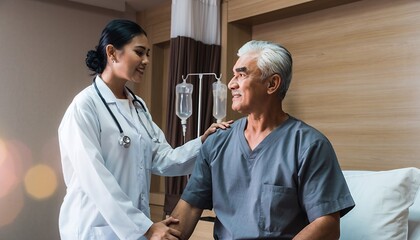 Nurse Caring for Elderly Male Patient in Hospital Room with Iv Drip