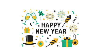 Fototapeta premium Flat lay graphic design of a Happy New Year celebration with confetti, fireworks, and party accessories on a white background.