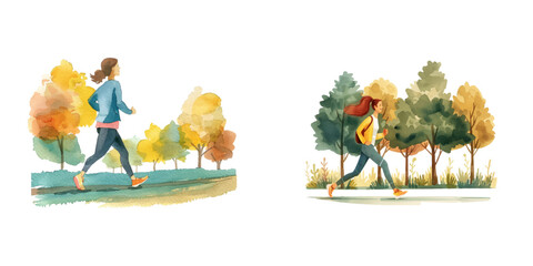 woman jogging in the park watercolor vector illustration © Dar