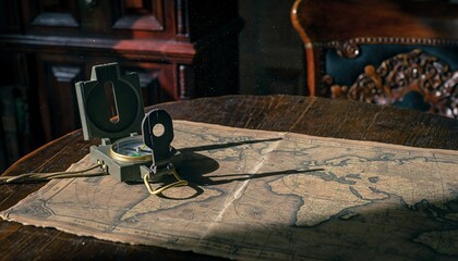 Vintage Navigation Instruments on Old World Map in Classic Study Room