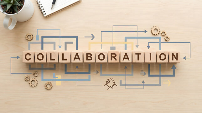 Wooden Blocks Forming the Word Collaboration Puzzle on a Light Background with Stationery and Motivation Elements