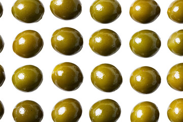 Rows of Shiny Green Olives on White Background