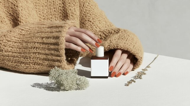 Hands with orange nails holding a nail polish bottle on a table with plants