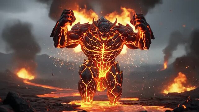 Fury of the Lava Monster a Fiery Creature Emerging from Erupted Lava Landscape