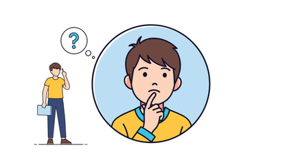 Naklejka premium Young boy character with thoughtful expression and question mark bubble contemplating ideas or solving problems in flat style.