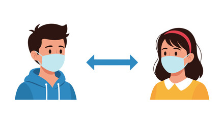 Man and woman wearing protective medical masks with a double-sided arrow between them to illustrate social distancing guidelines.