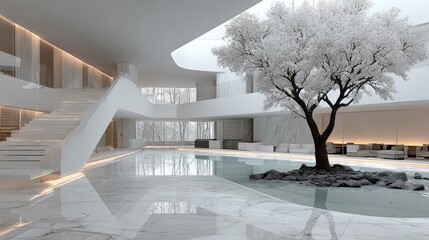 Minimalist modern interior design with a tree and a reflecting pool in a building