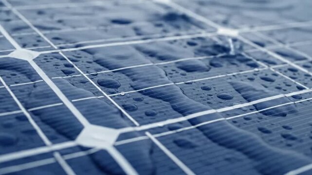 Rain falling on solar panel close up. Heavy water drops splashing on blue photovoltaic cells surface. Renewable energy and weather concept.
