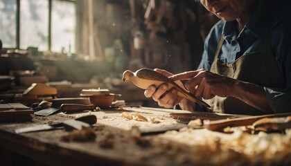 Craftsman Woman Using Smartphone in Woodworking Workshop with Wooden Tools and Shavings