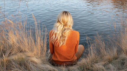 Woman sits by a river, contemplating