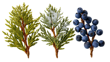 Three varied juniper species with snow covered needles and rich scale foliage on transparent background