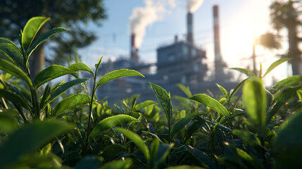 Obraz premium Fresh green tea leaves in the foreground with an industrial power plant in the background