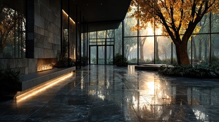 Modern luxury interior design with large windows overlooking a beautiful nature scene