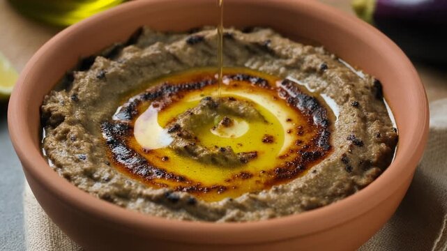 Baba Ghanoush Eggplant Dip with Olive Oil Pouring