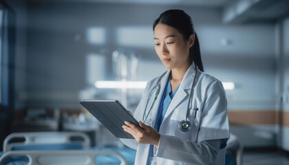 Female Doctor Wearing White Coat and Stethoscope Using Tablet in Hospital