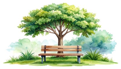 Obraz premium Watercolor park scene with bench and tree