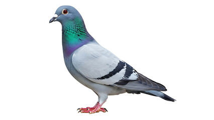 Pigeon bird with iridescent neck feathers on white background