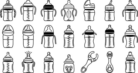Baby bottle and feeding accessories line icon collection, newborn milk bottles, sippy cups and baby care tools, black vector illustration set isolated on white background
