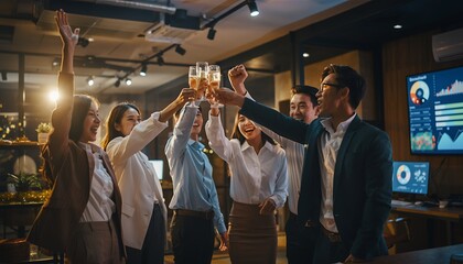 Group of Diverse Businesspeople Celebrating with Cheers in Modern Office