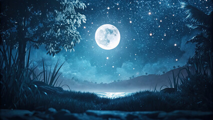 Fototapeta premium Mystical moon floating in starry night sky concept. Serene moonlit lake surrounded by trees and starry night sky.