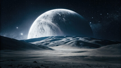 Large moon shining over barren rocky landscape concept. Stunning view of moonrise over barren, alien landscape at night.