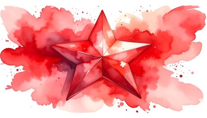 Watercolor red star on vibrant red splatters