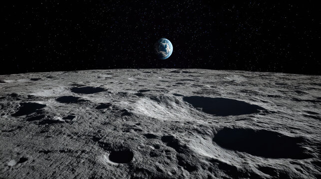 Moon floor isolated on historic lunar landscape concept. View of Earth from the Moon's surface with starry background.
