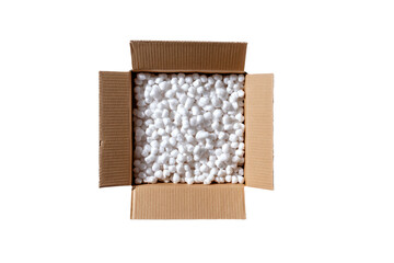 Cardboard Box with Packing Peanuts on White Background