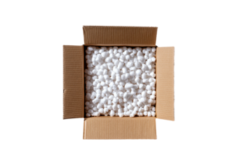 Cardboard Box with Packing Peanuts on White Background