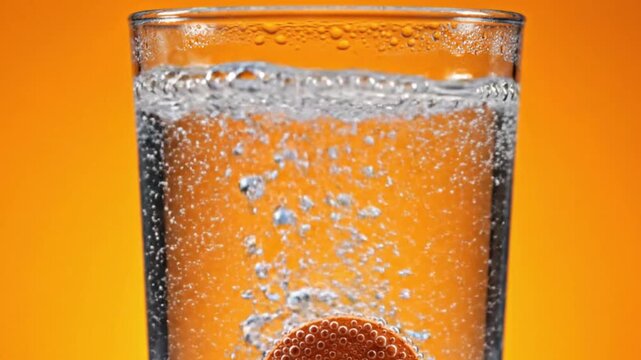 Orange effervescent tablet falling into glass of water with splash and bubbles on orange background
