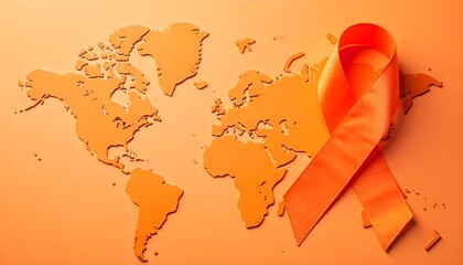 Orange ribbon on a world map symbolizes support for leukemia awareness and blood cancer initiatives during awareness months