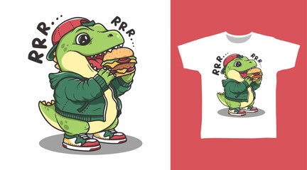 Cute dinosaur eat burger illustration hand drawn, vector ready for print on t-shirt and other uses.