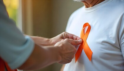 A man affixes an orange ribbon to a shirt, promoting awareness for leukemia and blood cancer during awareness campaigns