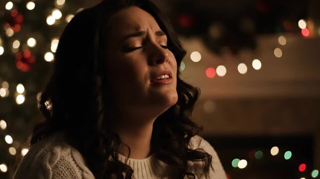 Emotional woman singing with eyes closed amidst warm Christmas lights