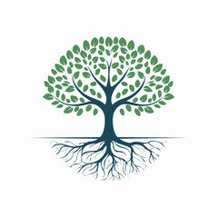 Obraz premium Green tree with sprawling roots, symbolizing growth, life, and stability