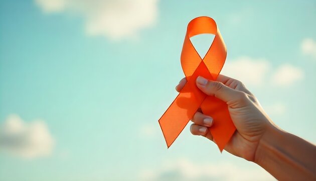 An orange ribbon held by a hand against a bright blue sky, signifying support for leukemia awareness and blood cancer