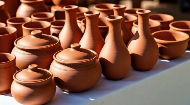 Handmade Terracotta Clay Pottery and Earthenware Vessels Display