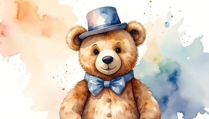 Watercolor teddy bear in top hat
